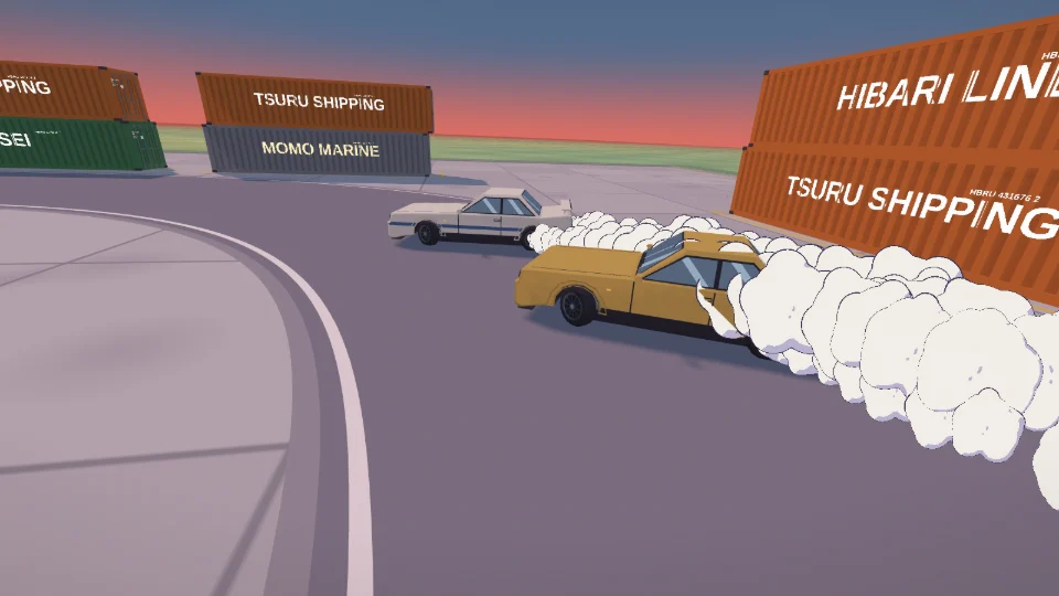 Two drift coupes, one white with a blue stripe and one mustard, sliding in tandem past a wall of shipping containers at golden hour, tyre smoke pouring off them, seen from the chasing quad's camera.